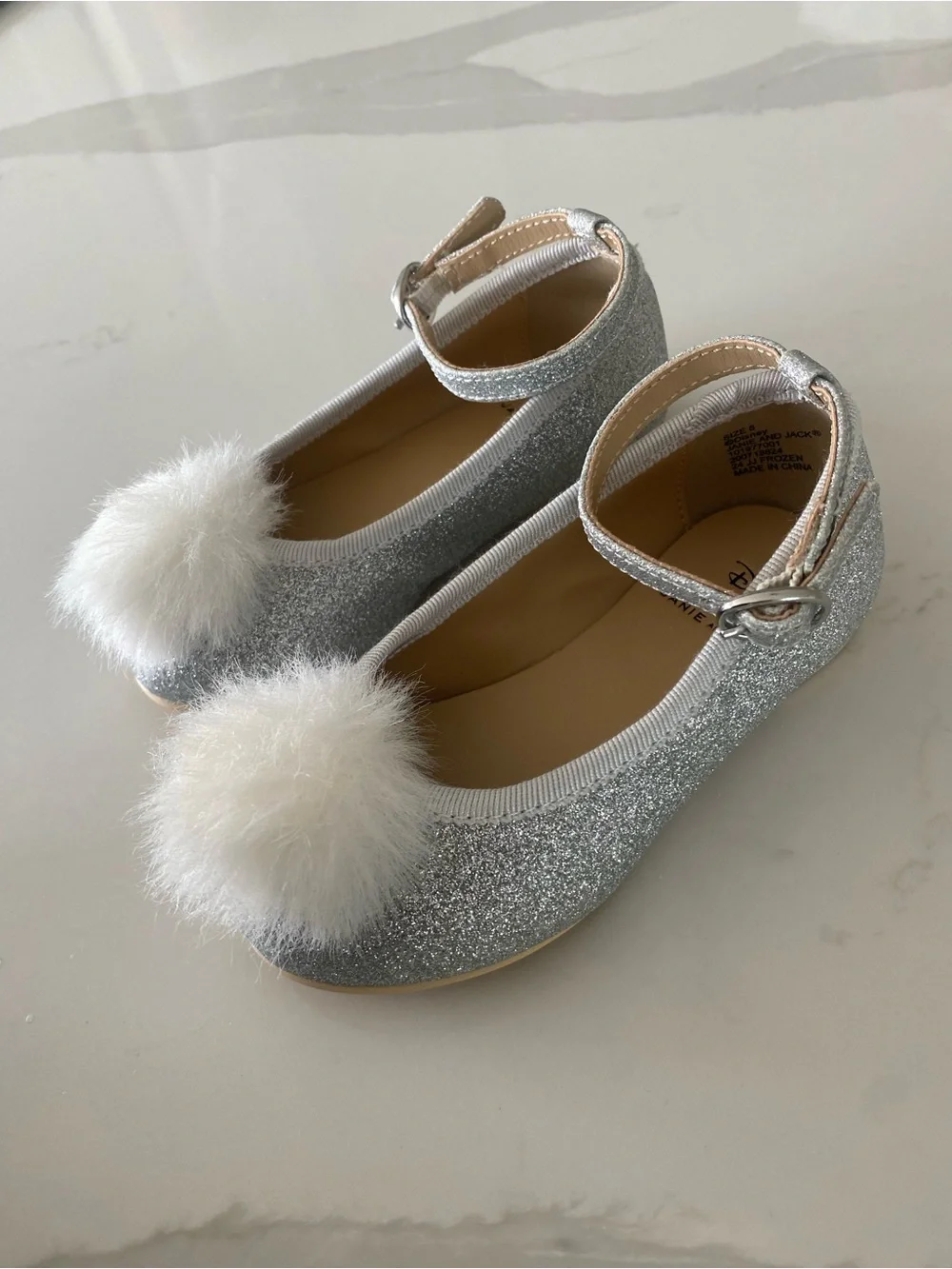 Disney Janie and Jack Frozen Elsa Silver Glitter Pom Ballet Flats Ankle Strap 6
